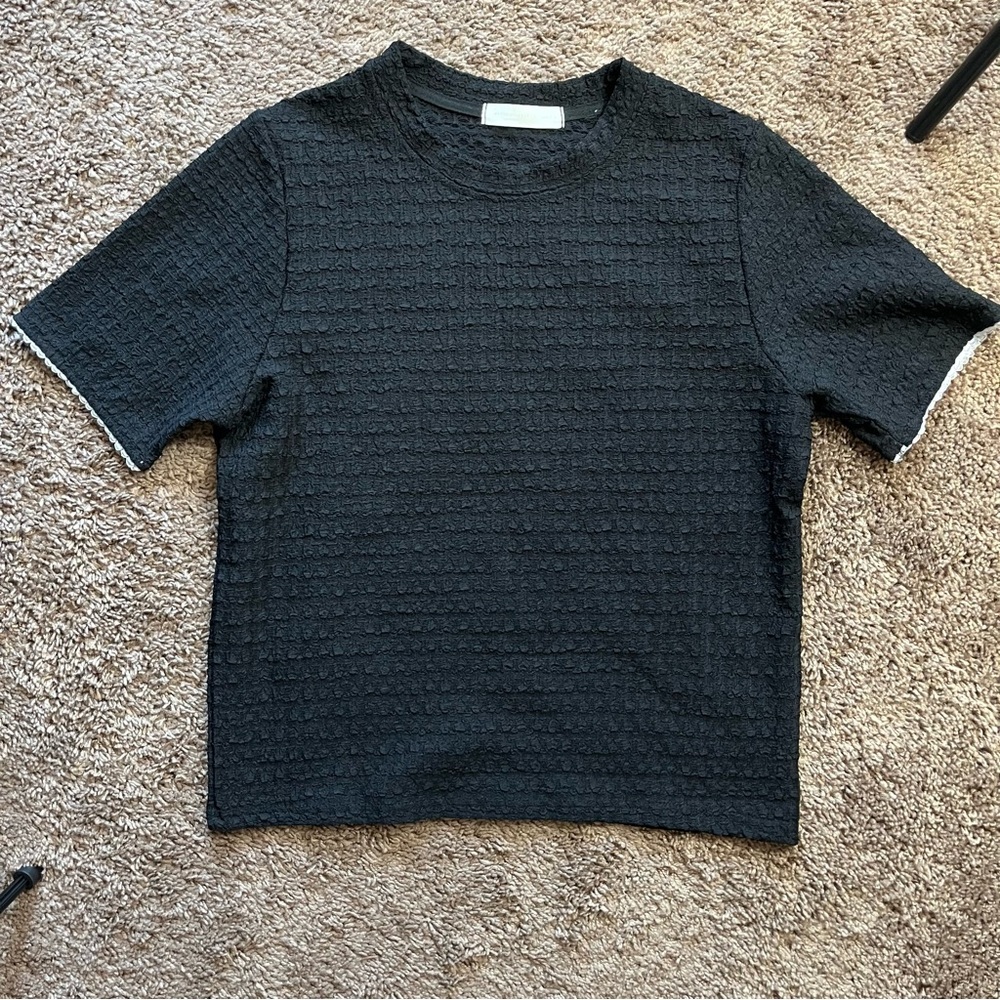 Boxy T Shirt Stretchy Textured Scallop Trim Black Elevated Basic Asian Brand